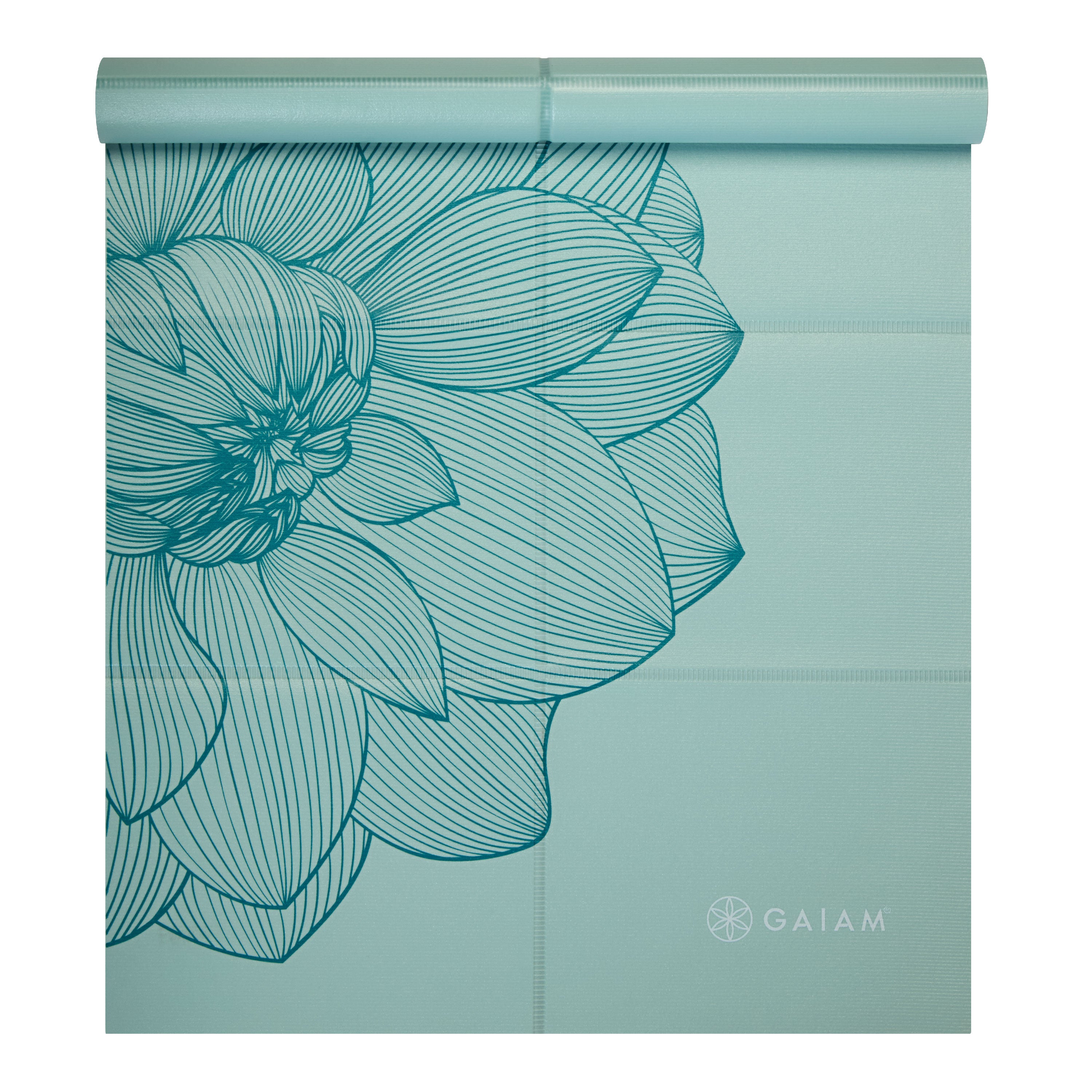 Gaiam Foldable Yoga Mat Serene Dahlias top rolled